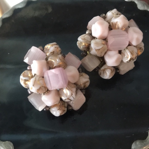 Romantic Vintage West Germany Pink And Gold Earrings Multi Shape Beads - Picture 2 of 9